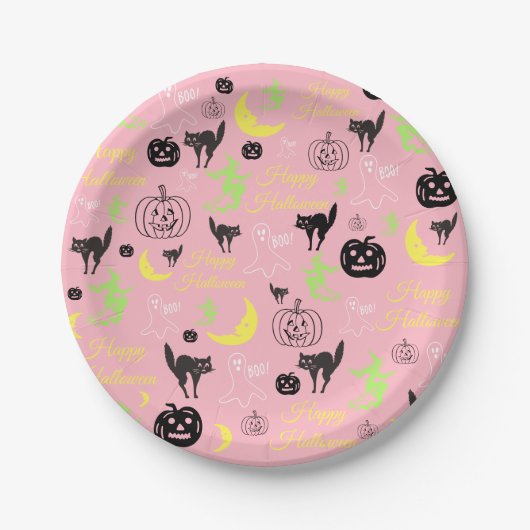 Happy Halloween Pattern Pink Papieren Bordje (Voorkant)