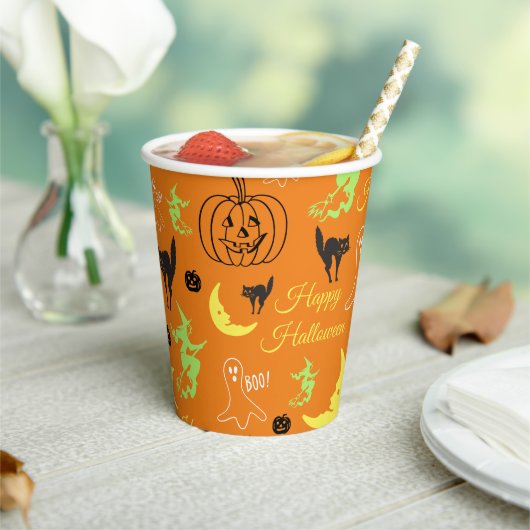 Happy Halloween Pattern Sinaasappel Papieren Bekers (Insitu)