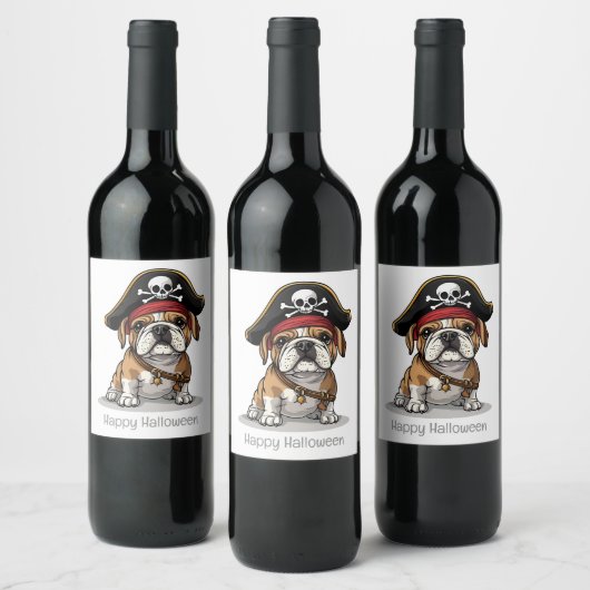 Happy Halloween Pirate English Bulldog Wijn Etiket (Flessen)