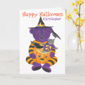 Happy Halloween pompoen Beer met Kat en Kraaien Kaart (Gele Bloem)