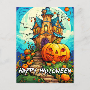 Happy Halloween   Pompoen & spookhuis Briefkaart