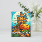 Happy Halloween | Pompoen & spookhuis Briefkaart (Staand voorkant)