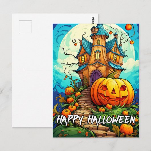 Happy Halloween | Pompoen & spookhuis Briefkaart (Voorkant / Achterkant)