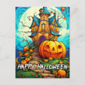 Happy Halloween | Pompoen & spookhuis Briefkaart (Voorkant)