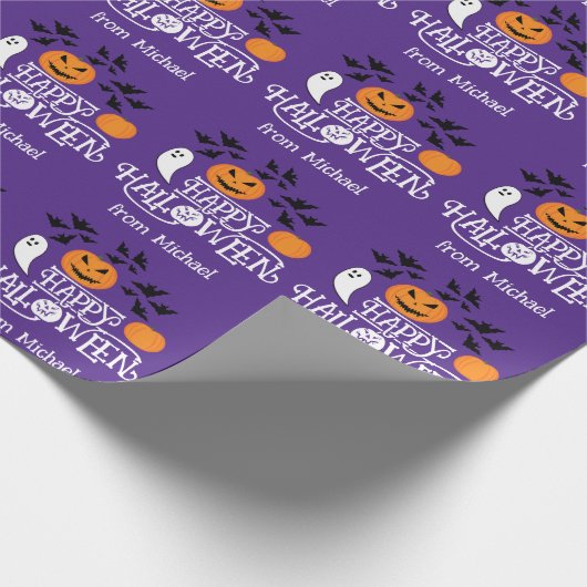 Happy Halloween pompoenen geesten tekst paarse vle Cadeaupapier (Hoek)