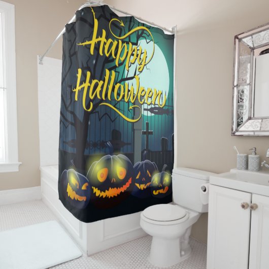 Happy Halloween-pompoenen in de begraafplaats Douchegordijn (In situ)