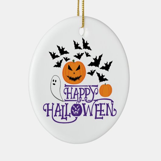 Happy Halloween pompoenen spook vleermuizen paarse Keramisch Ornament (Rechts)