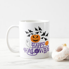 Happy Halloween pompoenen spook vleermuizen paarse Koffiemok