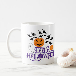 Happy Halloween pompoenen spook vleermuizen paarse Koffiemok