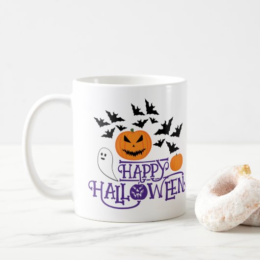 Happy Halloween pompoenen spook vleermuizen paarse Koffiemok (Met donut)
