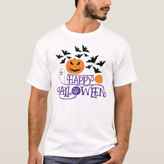 Happy Halloween pompoenen spook vleermuizen paarse T-shirt (Voorkant)