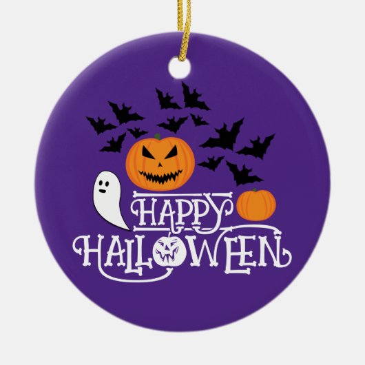 Happy Halloween pompoenen spook vleermuizen tekst  Keramisch Ornament (Voorkant)