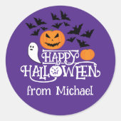 Happy Halloween pompoenen spook vleermuizen tekst  Ronde Sticker (Voorkant)