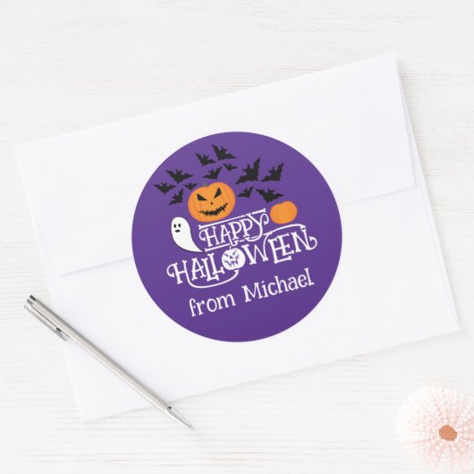 Happy Halloween pompoenen spook vleermuizen tekst  Ronde Sticker (Envelop)