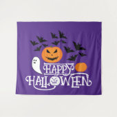 Happy Halloween pompoenen spook vleermuizen tekst  Wandkleed (Voorkant (horizontaal))