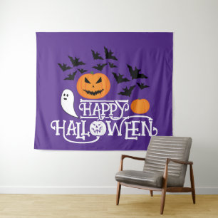 Happy Halloween pompoenen spook vleermuizen tekst Wandkleed