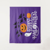 Happy Halloween pompoenen spook vleermuizen tekst  Wandkleed (Voorkant)