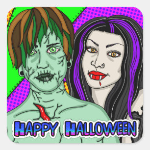 Happy Halloween Pop Art zombie Vampire Vierkante Sticker