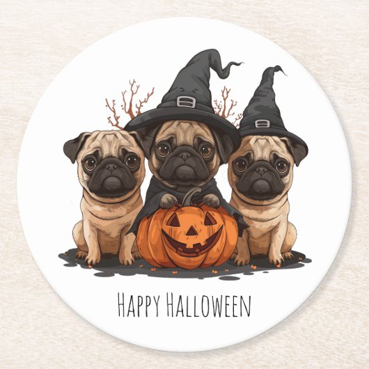 Happy Halloween Pugs Jack O Lanterns Ronde Kartonnen Onderzetter (Voorkant)