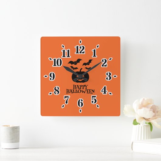 Happy Halloween Pumpkin Bat Minimal Vierkante Klok (Huis)