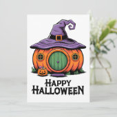 Happy Halloween Pumpkin Cottage & Witch Hat Roof Kaart (Staand voorkant)