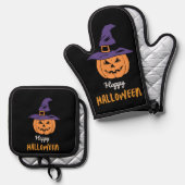 Happy Halloween Pumpkin Oven Mitt & Pot Holder Set (Voorkant / Achterkant)