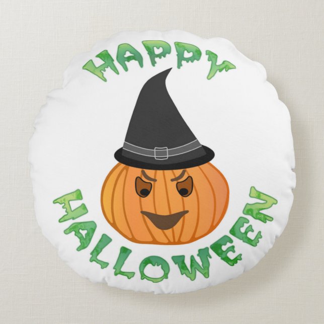 "HAPPY HALLOWEEN" PUMPKIN ROND KUSSEN (Voorkant)