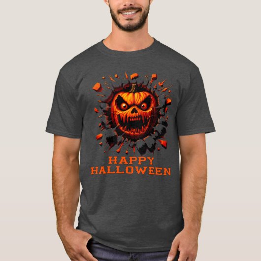 Happy Halloween Pumpkin Smashing Through T-Shirt (Voorkant)
