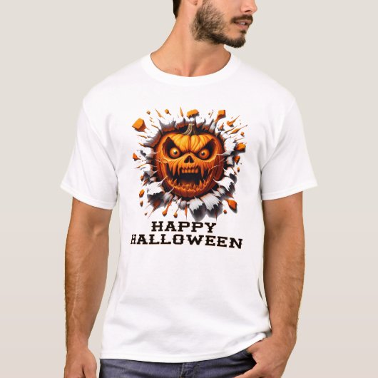 Happy Halloween Pumpkin Smashing Through T-shirt (Voorkant)