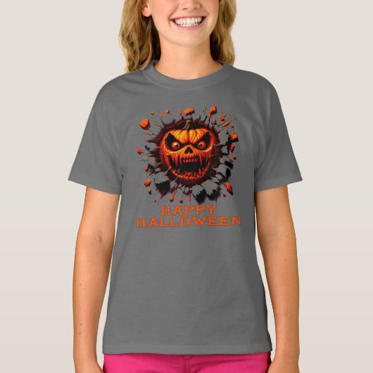 Happy Halloween Pumpkin Smashing Through T-Shirt (Voorkant)