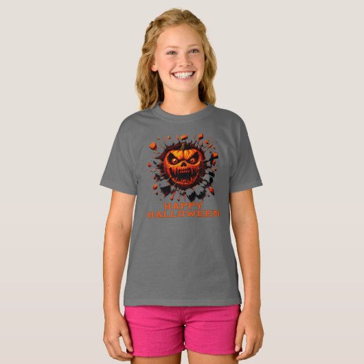 Happy Halloween Pumpkin Smashing Through T-Shirt (Voorkant volledig)