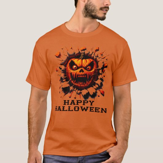 Happy Halloween Pumpkin Smashing Through T-Shirt (Voorkant)