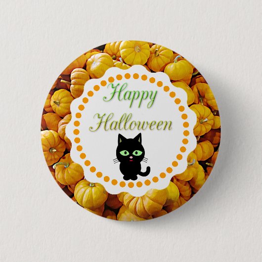 Happy Halloween Pumpkins Black Cat Button (Voorkant)
