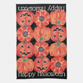 Happy Halloween Pumpkins Oranje Black Waterverf Theedoek