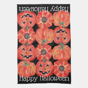 Happy Halloween Pumpkins Oranje Black Waterverf Theedoek