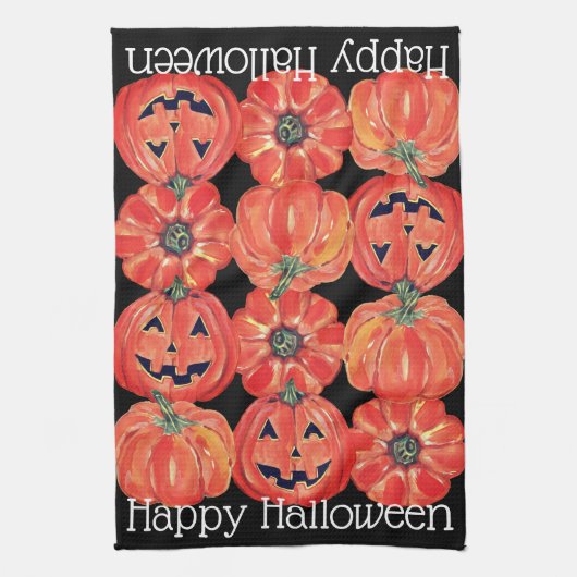 Happy Halloween Pumpkins Oranje Black Waterverf Theedoek (Verticaal)