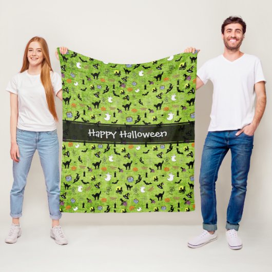 Happy Halloween Random Iconic Pattern Green Fleece Deken (In situ)