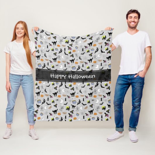 Happy Halloween Random Iconic Pattern Grey Fleece Deken (In situ)