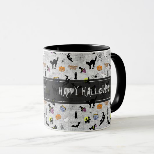 "Happy Halloween" Random Iconic Pattern Grey Mok (Voorkant rechts)