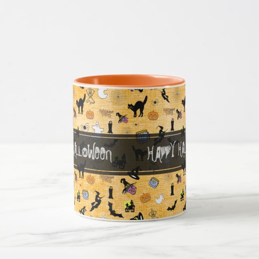 "Happy Halloween" Random Iconic Pattern Sinaasappe Mok (Midden)