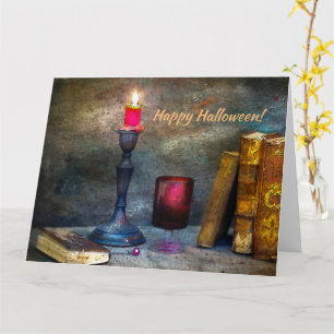  Happy Halloween Red Candle & Old Books Kaart