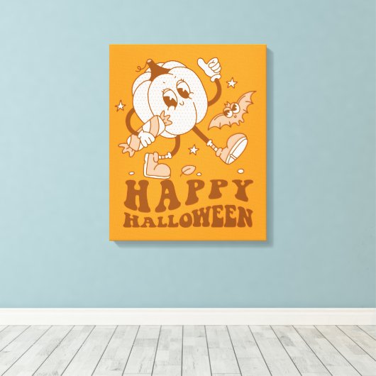 Happy Halloween| Retro Polka Dot Pumpkin Canvas Afdruk (Insitu (Houten vloer))