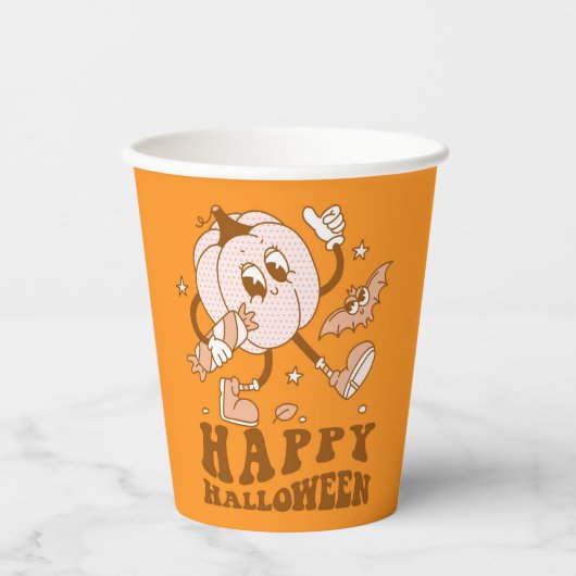 Happy Halloween| Retro Polka Dot Pumpkin Papieren Bekers (Voorkant)