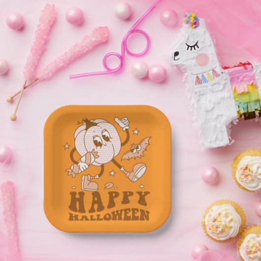 Happy Halloween| Retro Polka Dot Pumpkin Papieren Bordje (Feest)