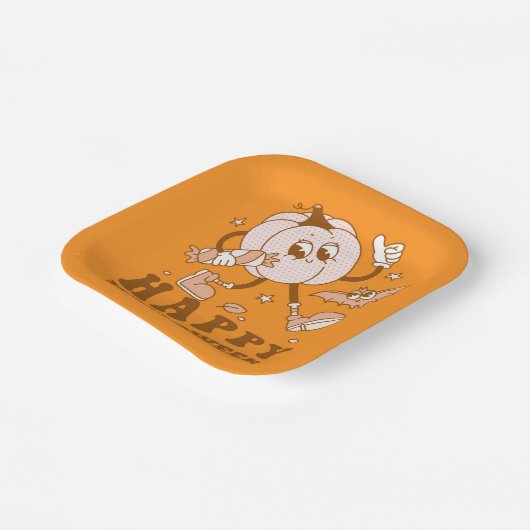 Happy Halloween| Retro Polka Dot Pumpkin Papieren Bordje (Gebogen)