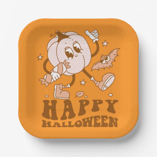 Happy Halloween| Retro Polka Dot Pumpkin Papieren Bordje (Voorkant)