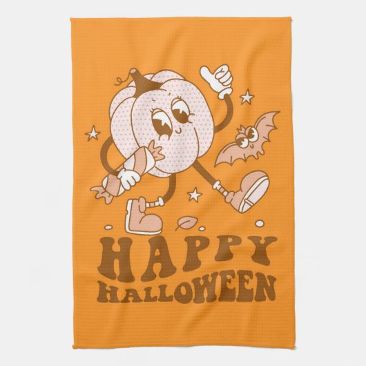 Happy Halloween| Retro Polka Dot Pumpkin Theedoek (Verticaal)