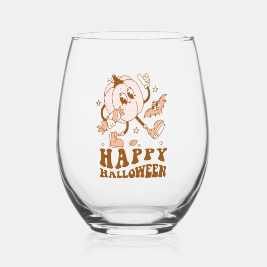 Happy Halloween| Retro Polka Dot Pumpkin Wijnglas Zonder Voet (Voorkant)