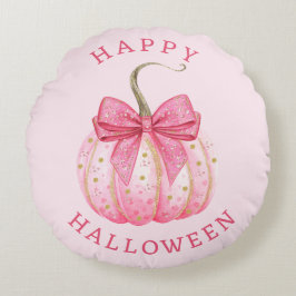 Happy Halloween Roze Coquette Bow Pumpkin Rond Kussen