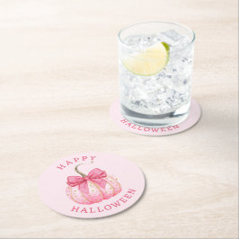 Happy Halloween Roze Coquette Bow Pumpkin Ronde Kartonnen Onderzetter